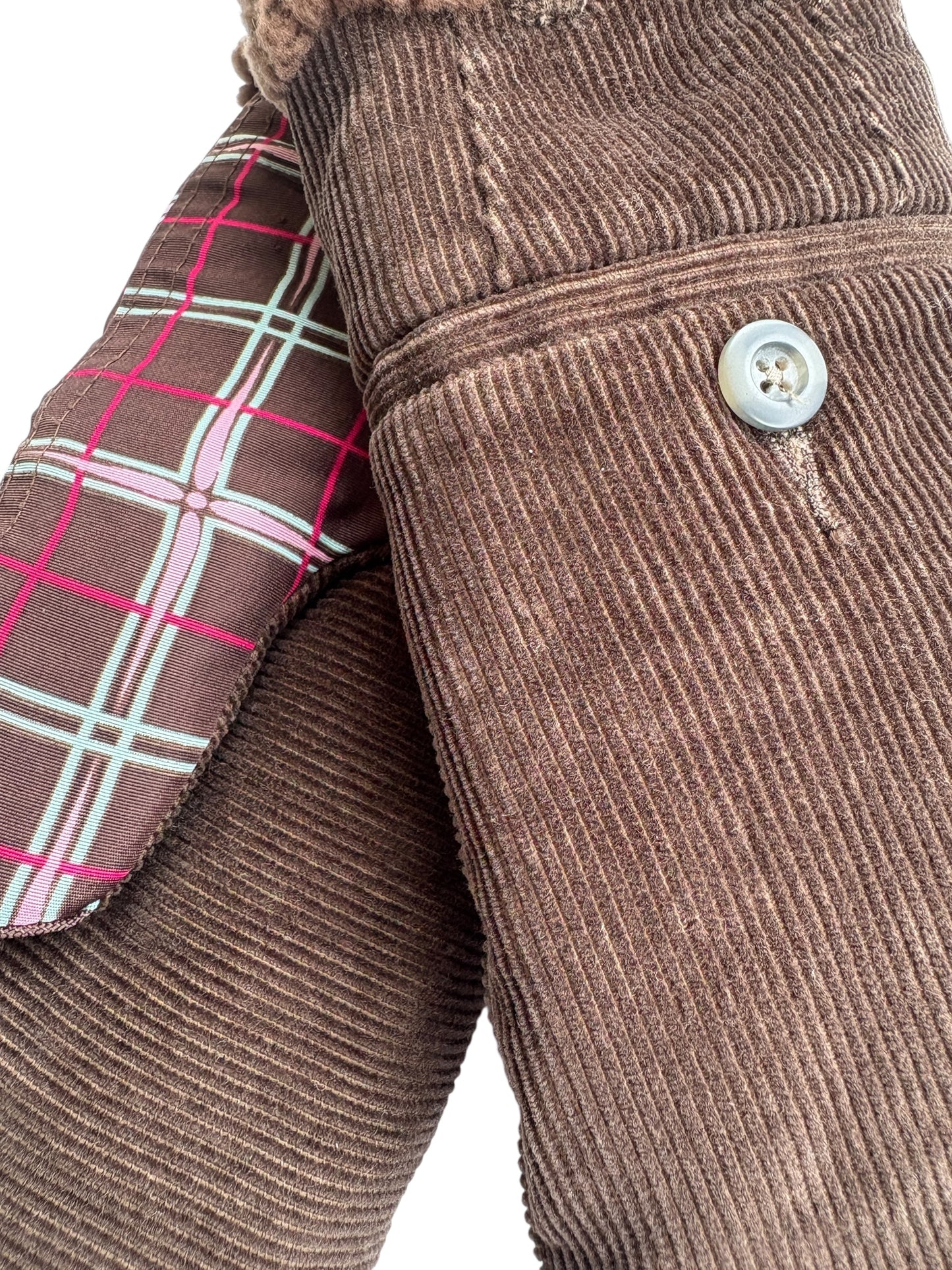 Up-cycled Brown Corduroy Plaid Mittens - Large