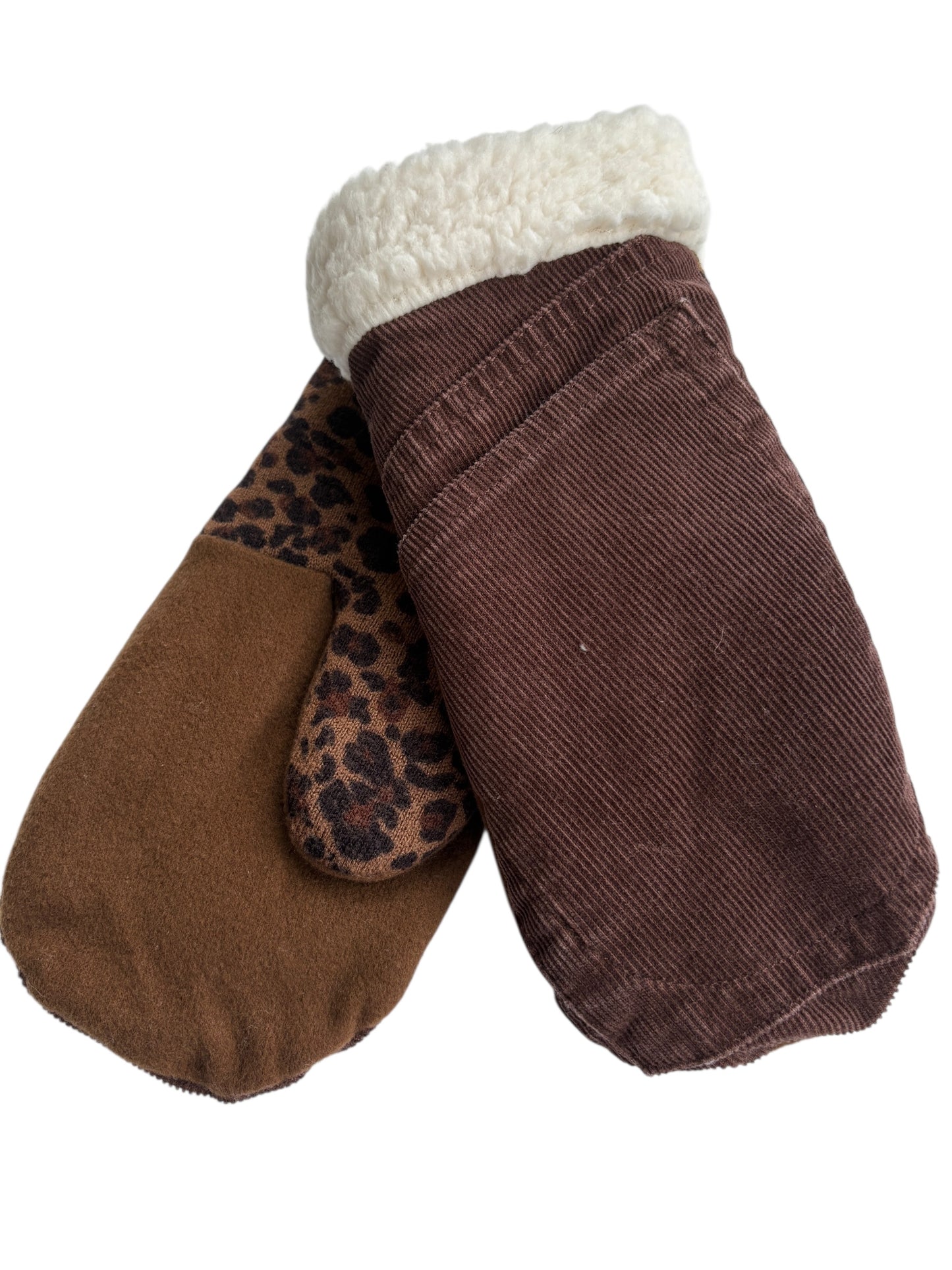 Up-cycled Cheetah Corduroy Mittens - Large