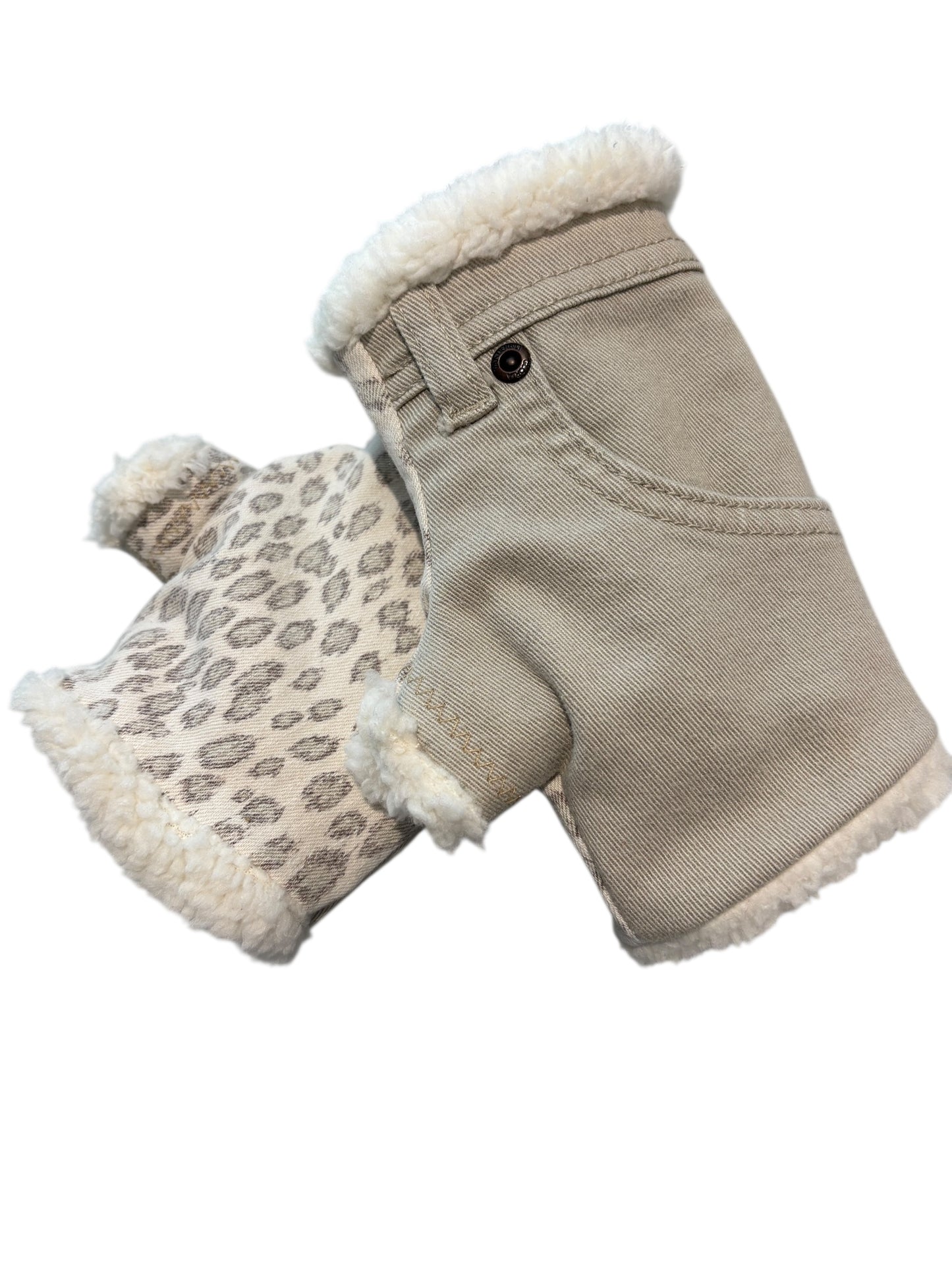 Up-cycled Leopard Beige Fingerless Mittens with Pocket