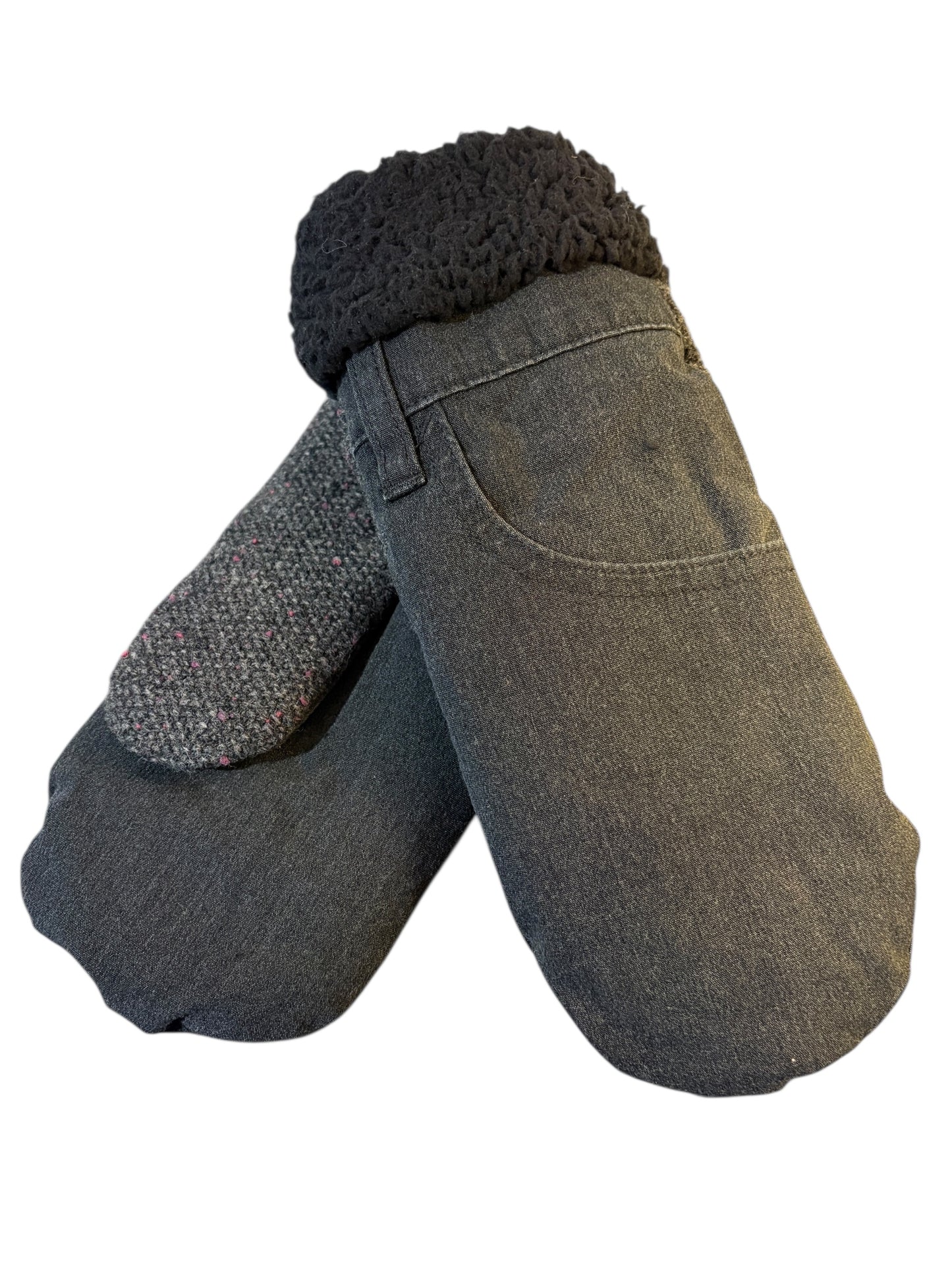 Up-cycled Black / Gray Mittens with Pocket - Medium