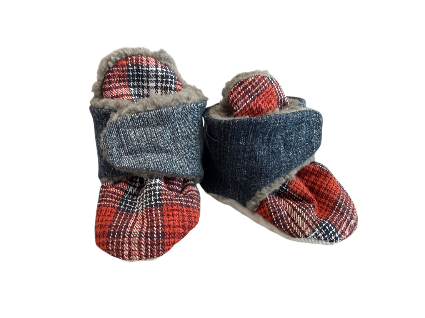 Baby Booties (3-6 Months) – Hook & Loop Closure, Sherpa Fleece Lined, Plaid Blue Jean