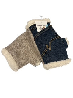 Upcycled -Fingerless Mittens, Denim with pocket. Handmade and One-of-a-Kind