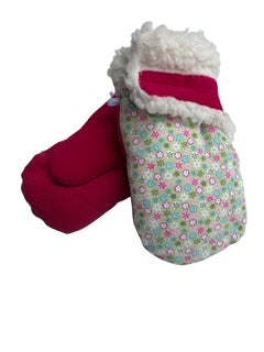 Upcycled Kids Mittens - Small (18 months-3 years) | Hook & Loop Closure | Green Pink Floral