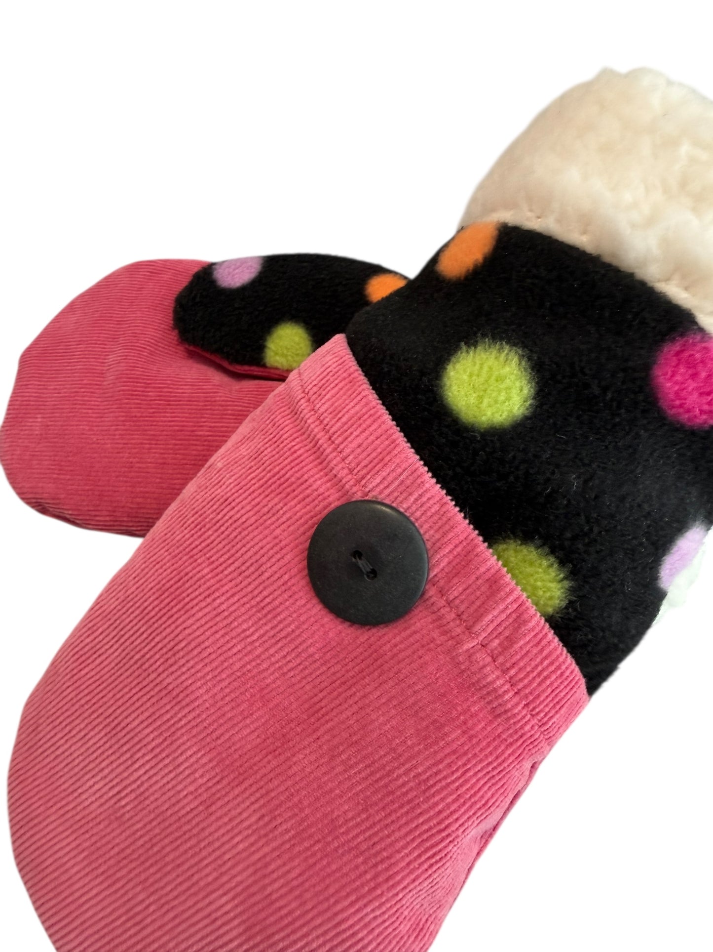 Upcycled Kids Mittens - Large (7 yrs. & up) | Pink Black Polkadot