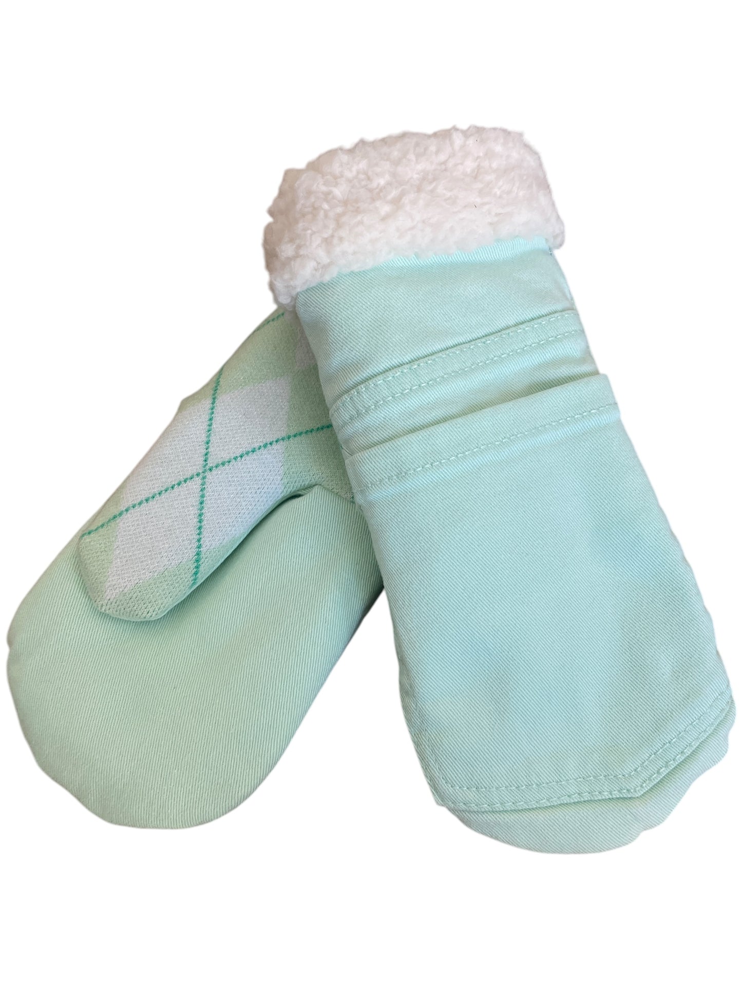 Up-cycled Mint Jean Mittens - Medium