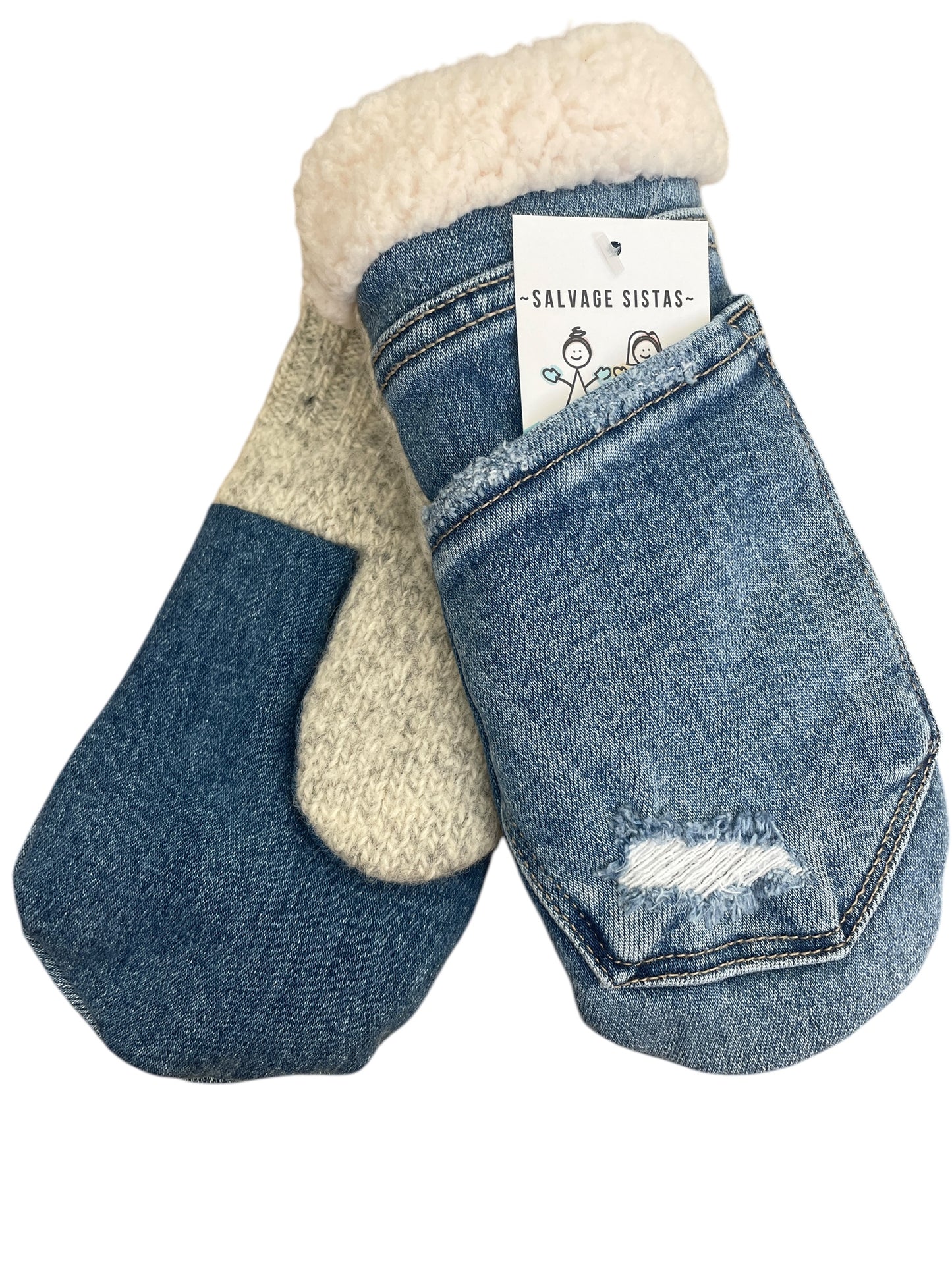 Up-cycled Distressed Jean Mittens - Medium