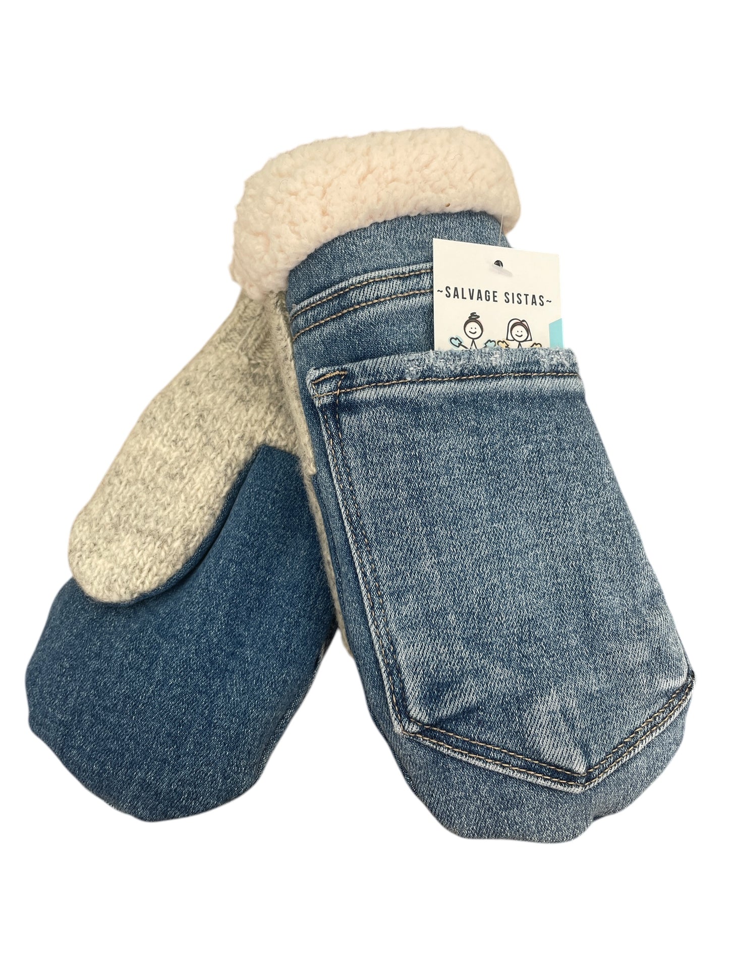Up-cycled Distressed Jean Mittens - Medium