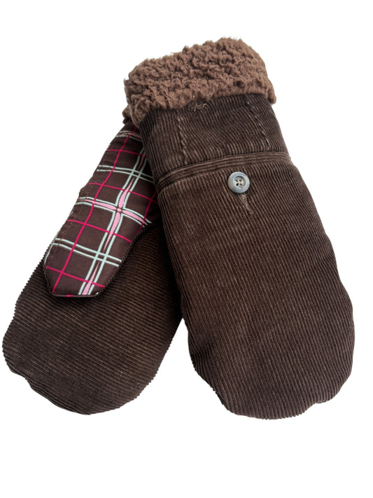 Up-cycled Brown Corduroy Plaid Mittens - Large