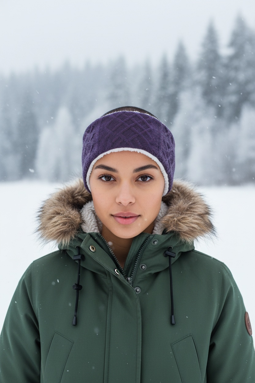 Adjustable Ear & Neck Warmer - Purple Cable Knit