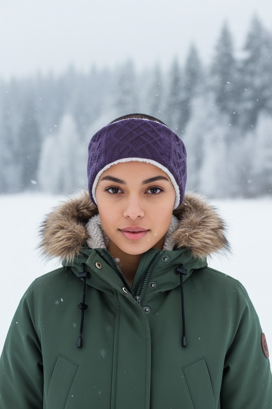 Adjustable Ear & Neck Warmer - Purple Cable Knit