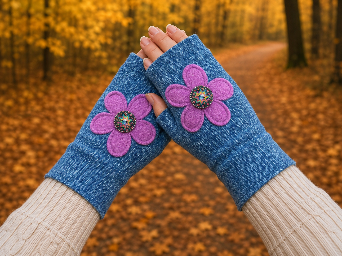 Flower Garden Hand Warmers - Denim Daisy