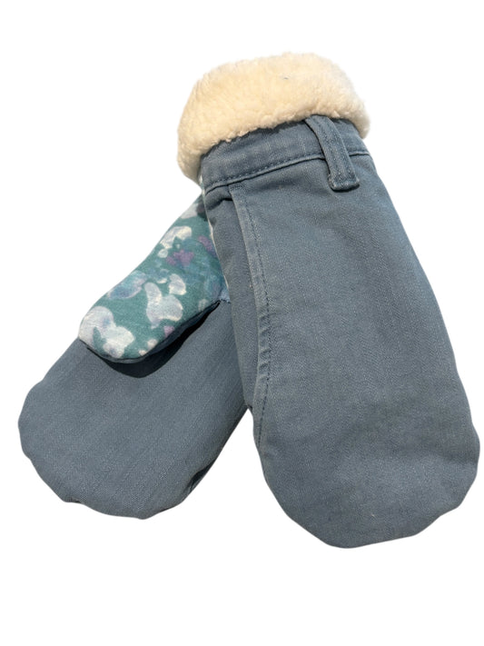 Up-cycled Blue Mittens with Pocket - Medium