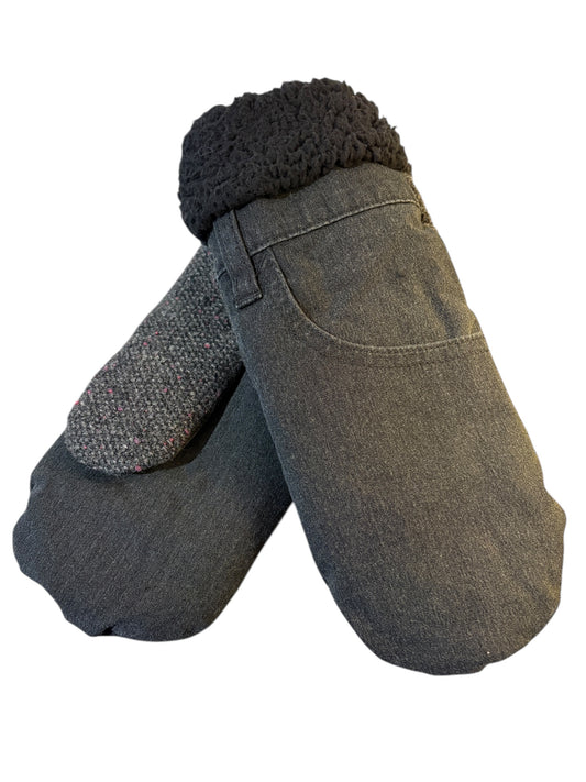 Up-cycled Black / Gray Mittens with Pocket - Medium