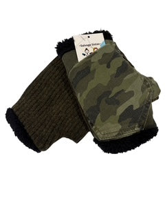 Upcycled -Fingerless Mittens, Camo with pocket. Handmade and One-of-a-Kind