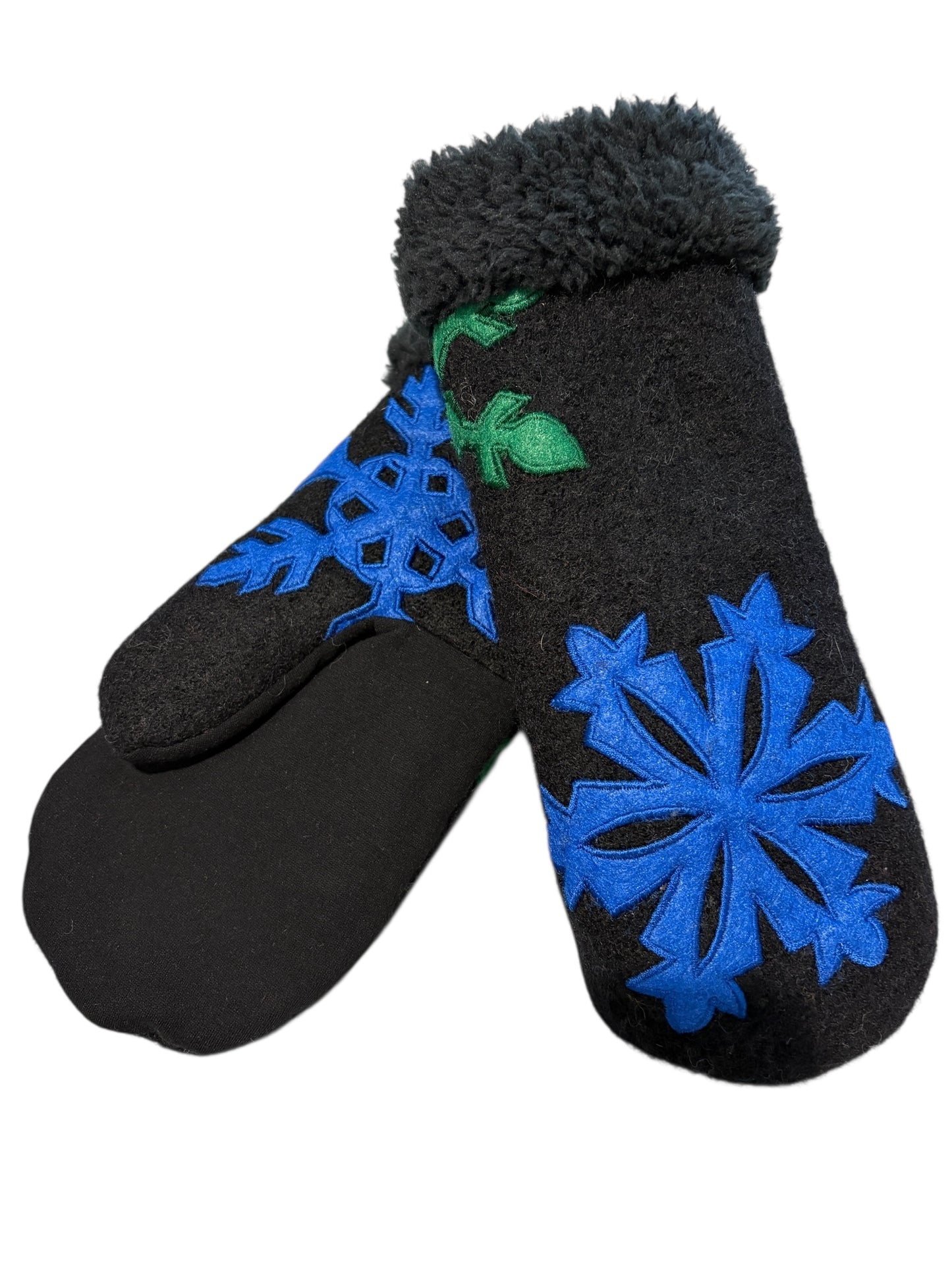 Up-cycled Black Wool Snowflake Mittens - Medium
