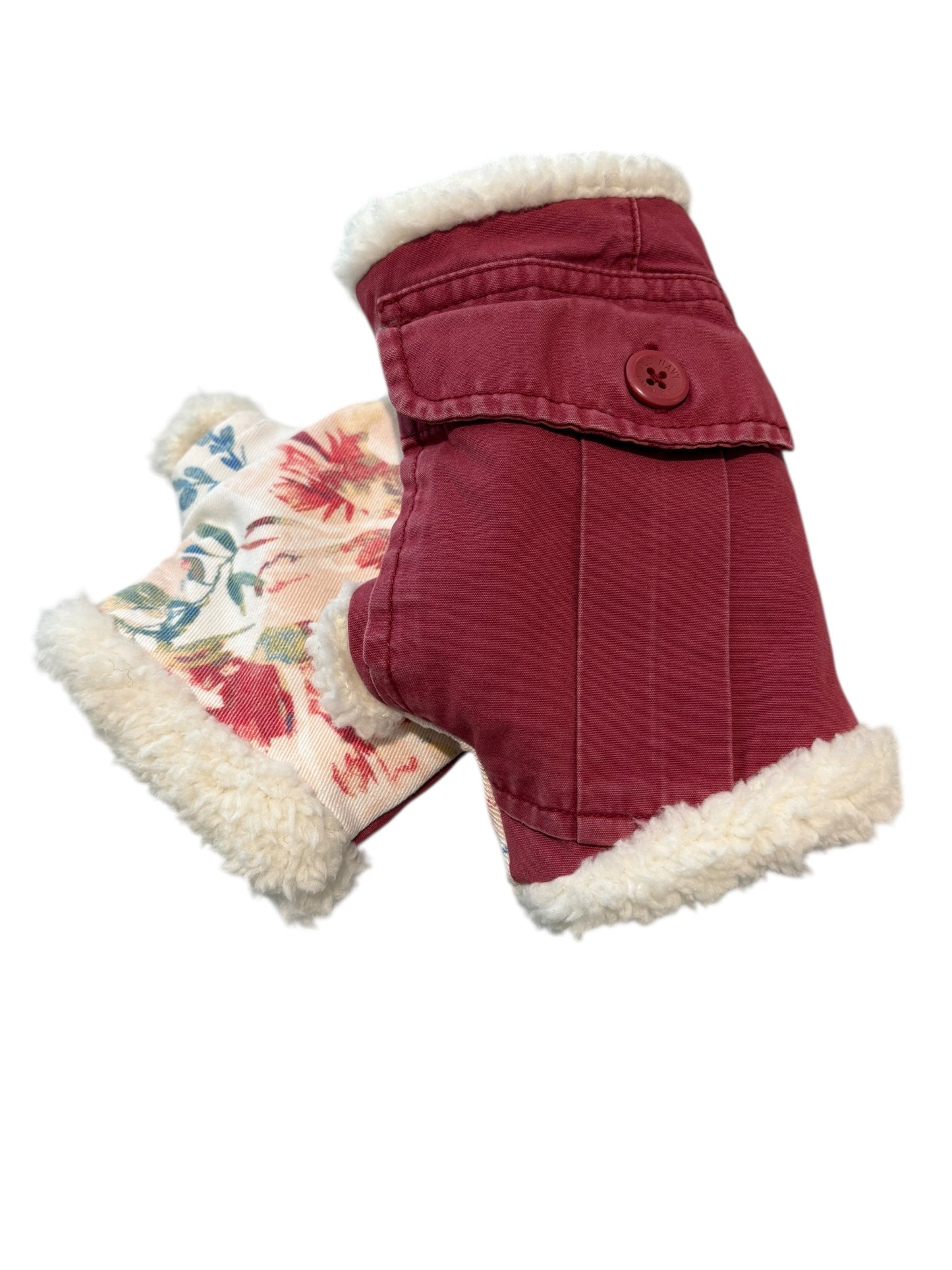 Up-cycled Coral Floral Fingerless Mittens with Pocket