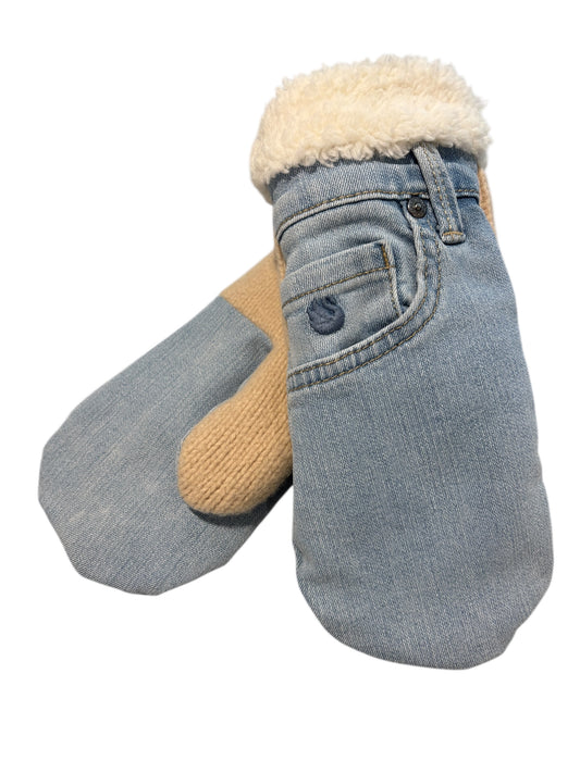 Up-cycled Light Blue Jean Mittens with Pocket - Medium