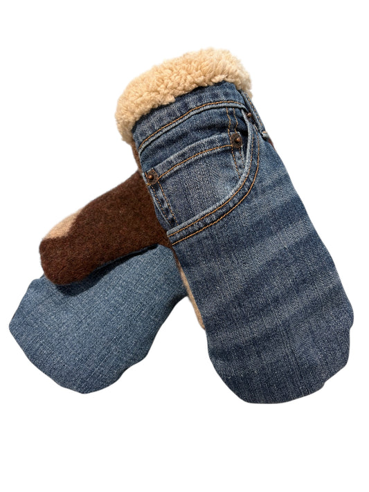 Up-cycled Blue Jean Mittens with Pocket - Medium