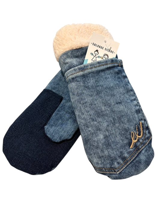 Up-cycled Acid Wash Blue Jean Mittens - Medium