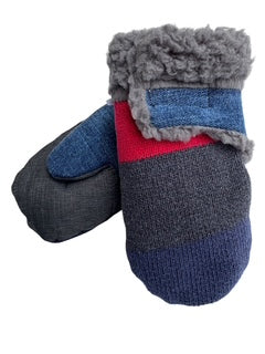 Upcycled Kids Mittens - Small (18 months-3 years) | Hook & Loop Closure | Gray Red Stripe