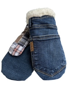 Up-cycled Denim Plaid Mittens - Small