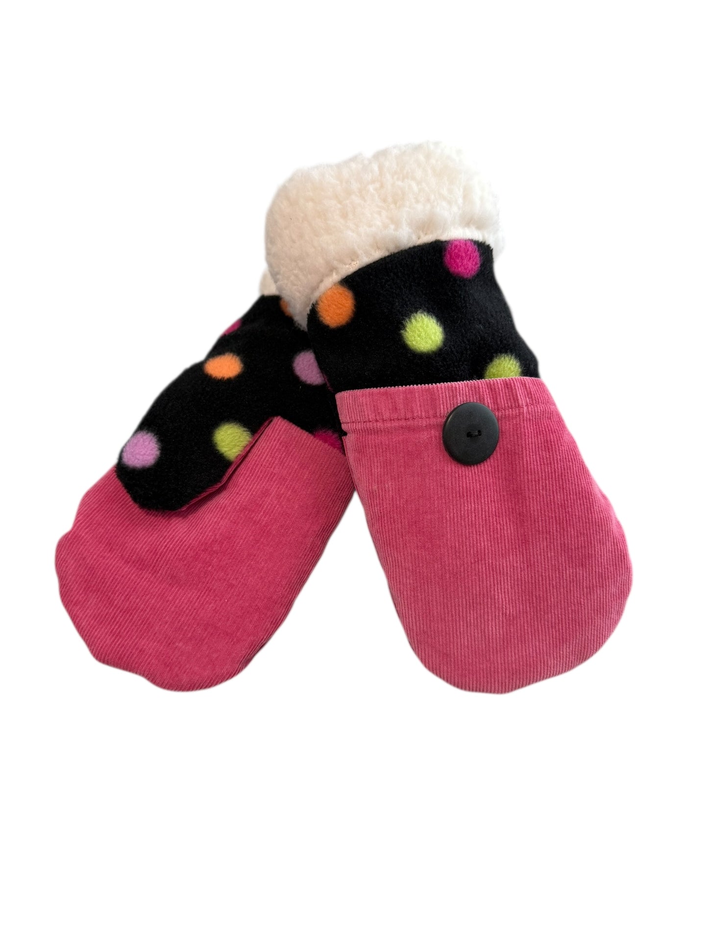Upcycled Kids Mittens - Large (7 yrs. & up) | Pink Black Polkadot