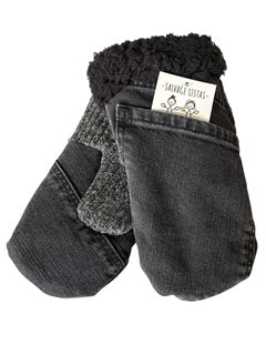Up-cycled Black Denim Mittens - Small