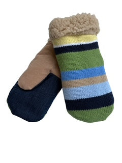 Upcycled Kids Mittens - Medium (4-6 yrs.) | Stripe Green Blue