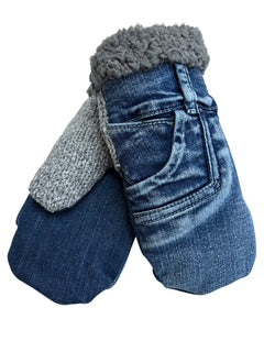 Upcycled Kids Mittens - Large (7 yrs. & up) | Denim & Sparkly Gray