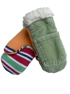 Upcycled Kids Mittens - Medium (4-6 yrs.) | Green Corduroy Pocket