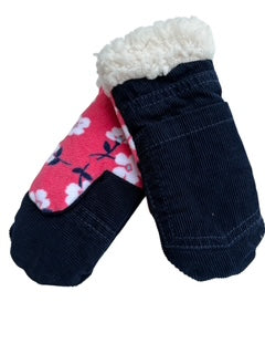 Upcycled Kids Mittens - Medium (4-6 yrs.) | Navy Corduroy, Pink Floral