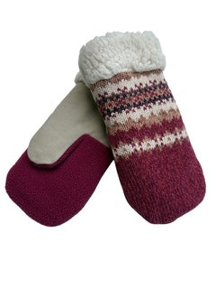 Upcycled Kids Mittens - Large (7 yrs. & up) | Burgandy Print Knit